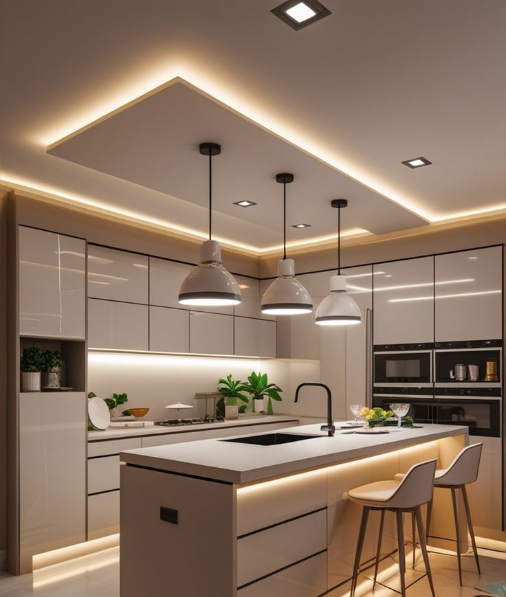 Acabamento de cozinha iluminada com forro em drywall