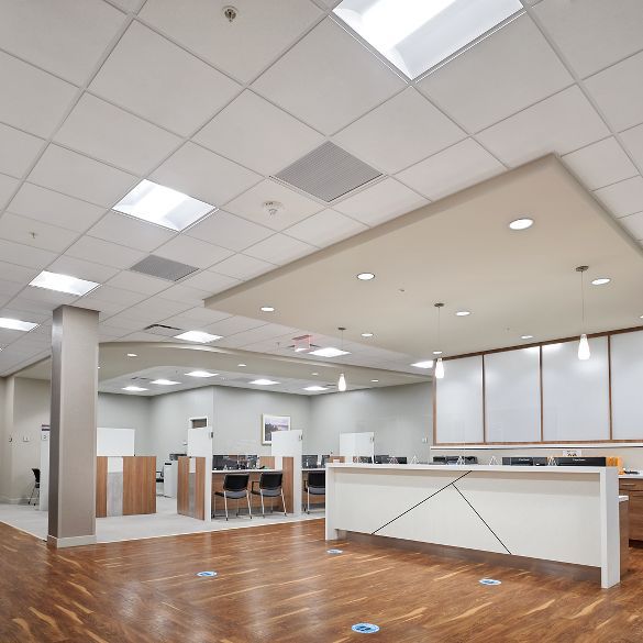 Forro modular instalado em ambiente corporativo de grande metragem
