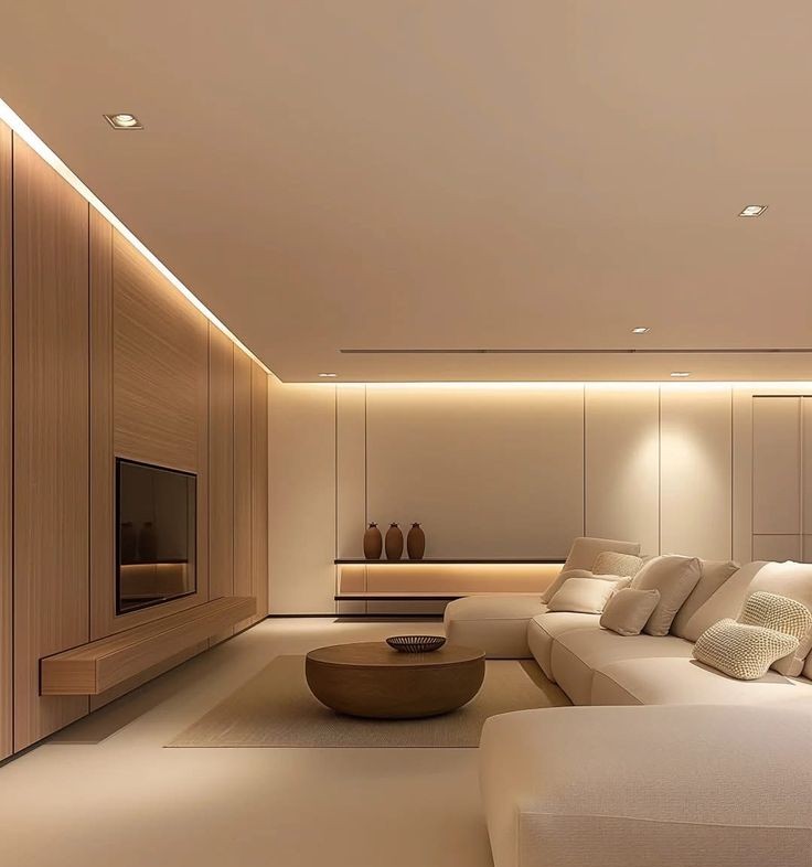 Sala de estar com forro em drywall e acabamento premium